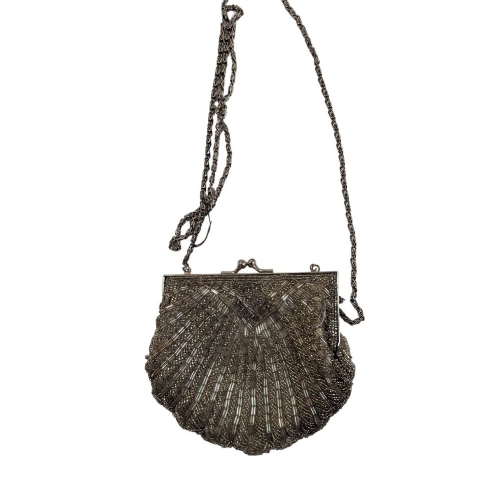 Coloriffics Vintage Silver Beaded Shell Evening Bag Crossbody Clutch Kiss Lock‎